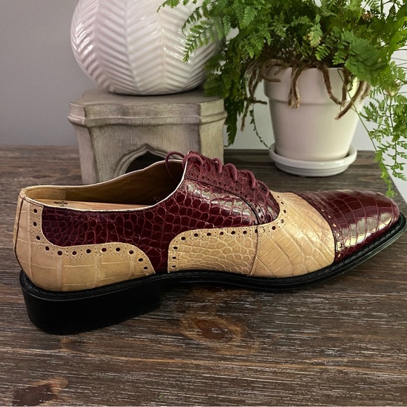 Ferrini Mens Alligator Skin Ostrich Quill Leather Oxfords Shoe Burgundy Wine Tan main image 6